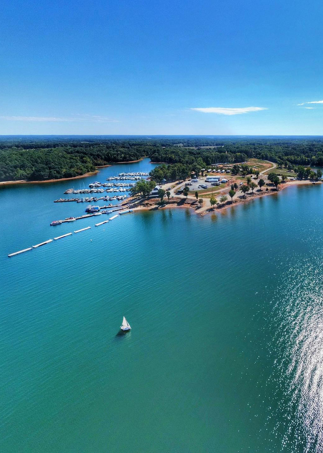 Aerial shot of Big Water Marina & Campground on a beautiful sunny day.