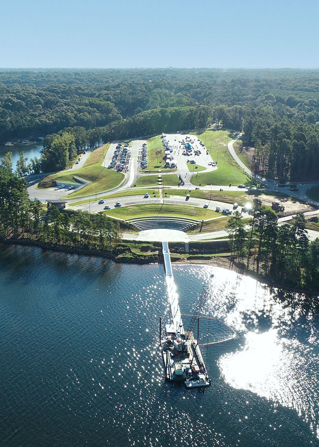 Aerial shot of Green Pond Landing & Event Center on a beautiful sunny day.